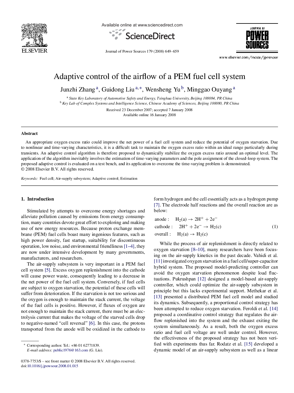 Adaptive control of the airflow of a PEM fuel cell system