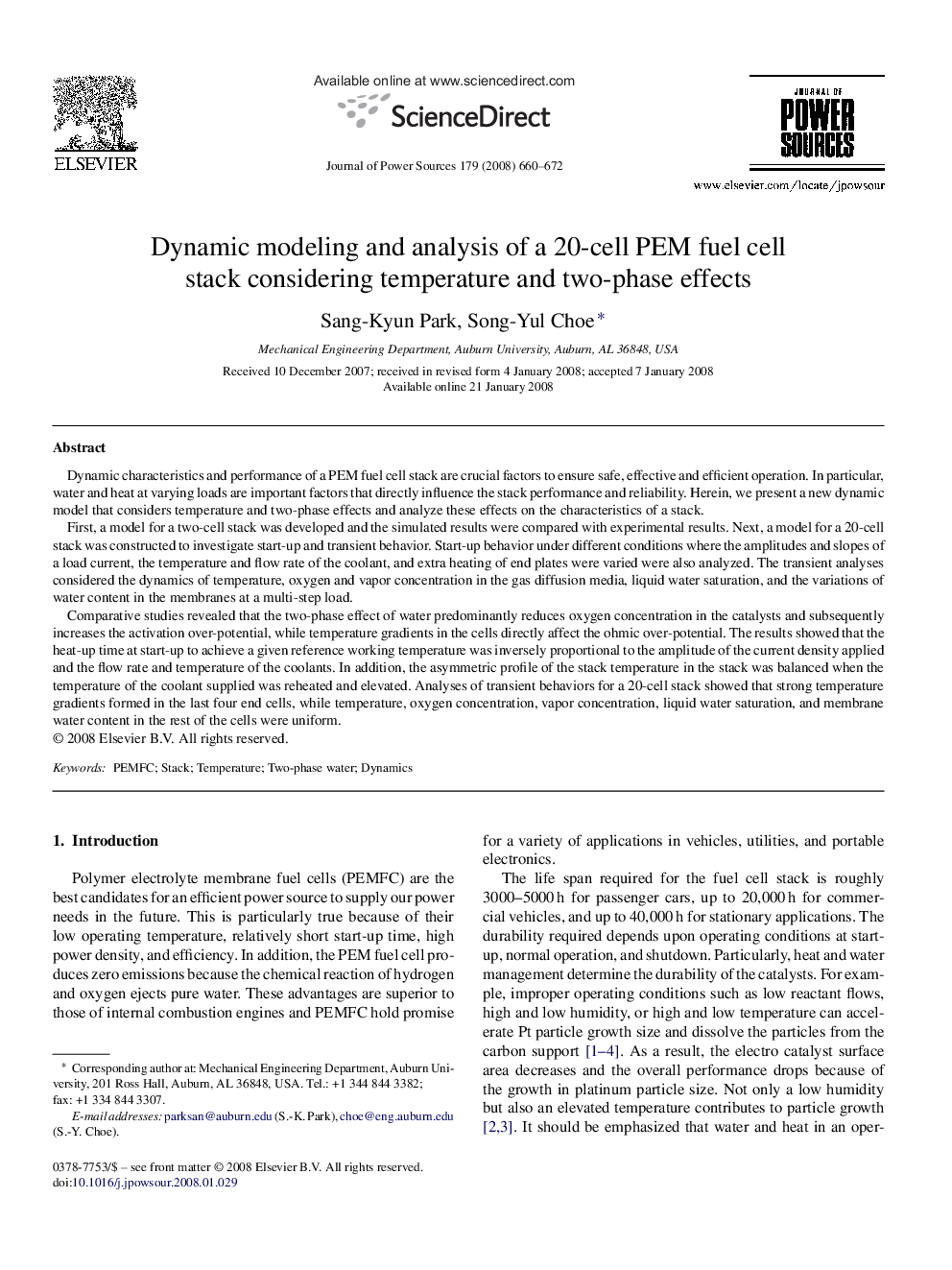 Dynamic modeling and analysis of a 20-cell PEM fuel cell stack considering temperature and two-phase effects