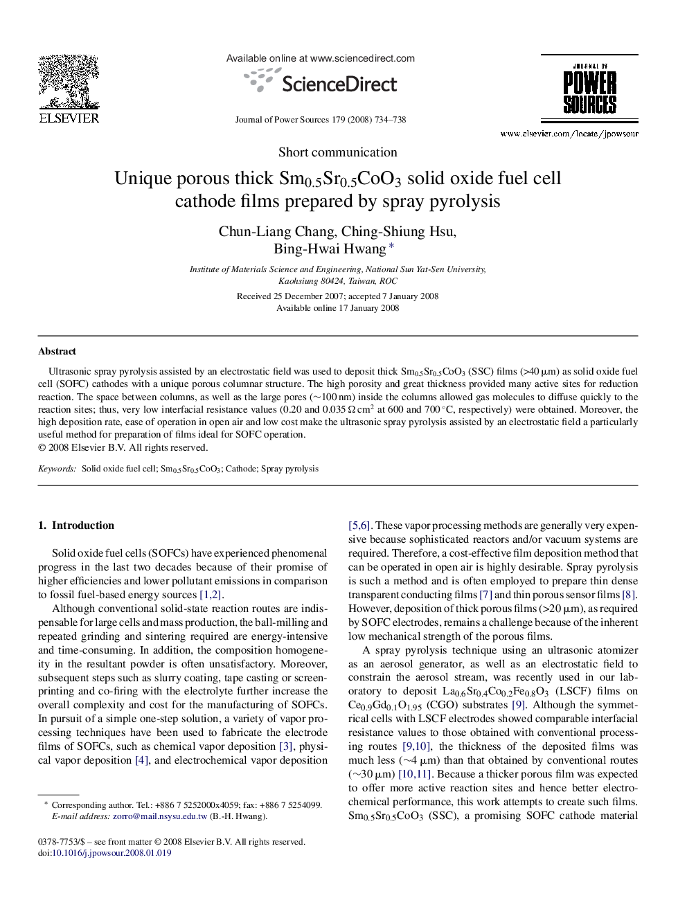 Unique porous thick Sm0.5Sr0.5CoO3 solid oxide fuel cell cathode films prepared by spray pyrolysis