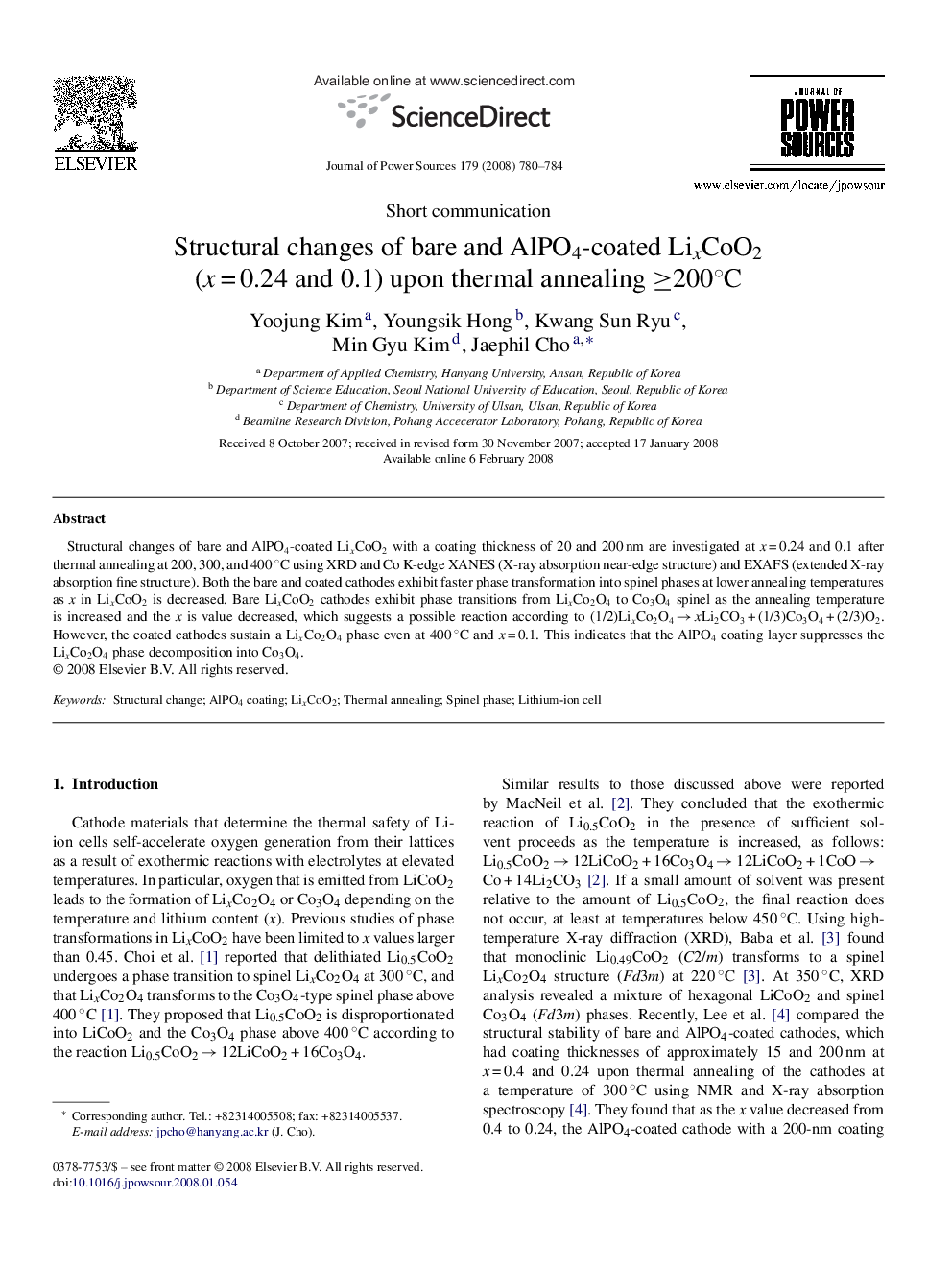 Structural changes of bare and AlPO4-coated LixCoO2 (xÂ =Â 0.24 and 0.1) upon thermal annealing â¥200Â°C