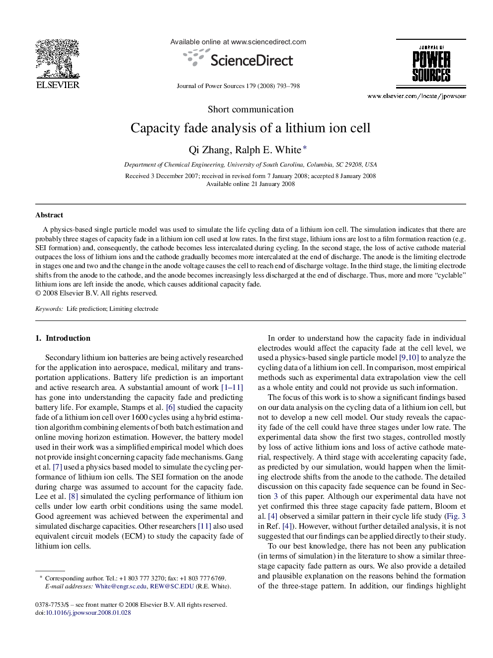 Capacity fade analysis of a lithium ion cell