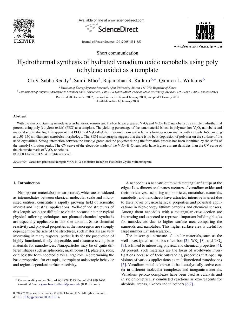 Hydrothermal synthesis of hydrated vanadium oxide nanobelts using poly (ethylene oxide) as a template