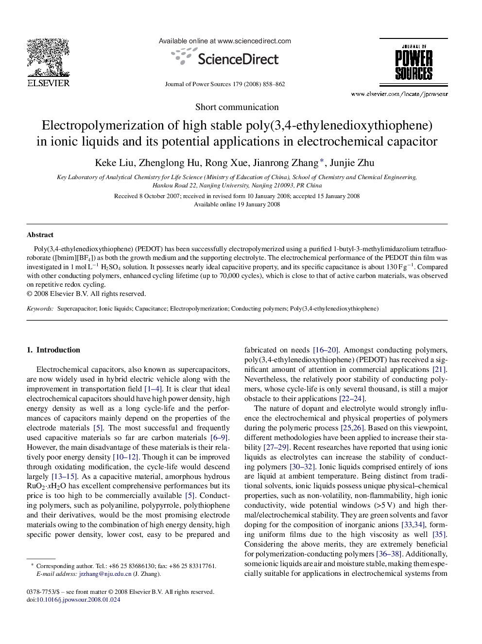 Electropolymerization of high stable poly(3,4-ethylenedioxythiophene) in ionic liquids and its potential applications in electrochemical capacitor