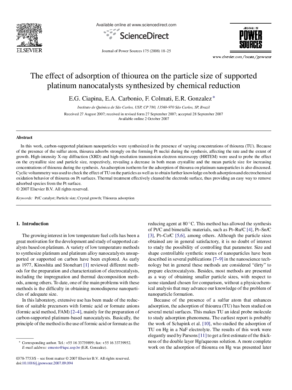 The effect of adsorption of thiourea on the particle size of supported platinum nanocatalysts synthesized by chemical reduction