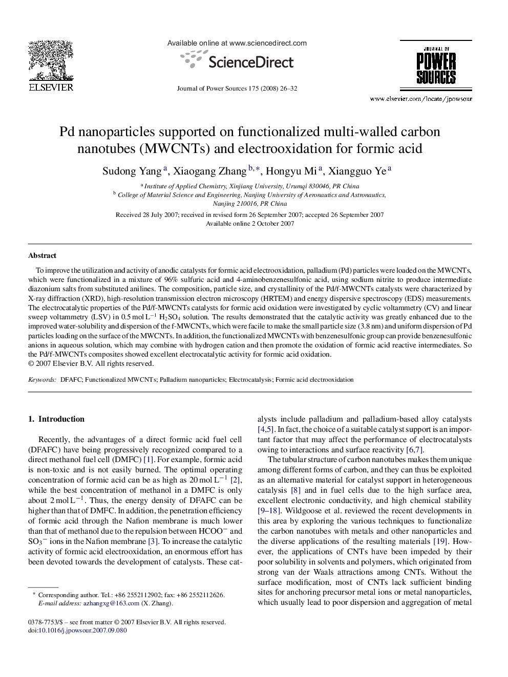 Pd nanoparticles supported on functionalized multi-walled carbon nanotubes (MWCNTs) and electrooxidation for formic acid