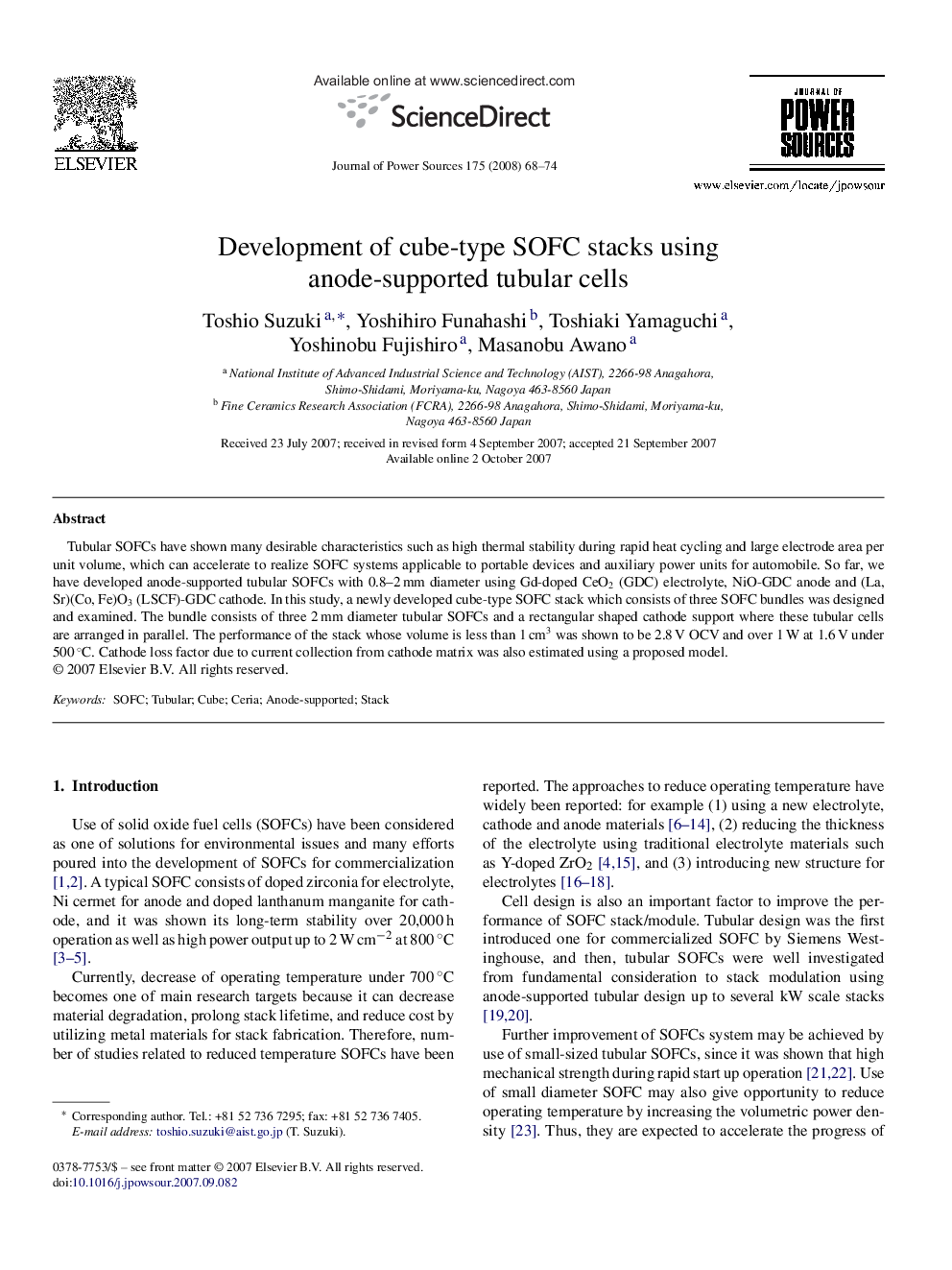 Development of cube-type SOFC stacks using anode-supported tubular cells