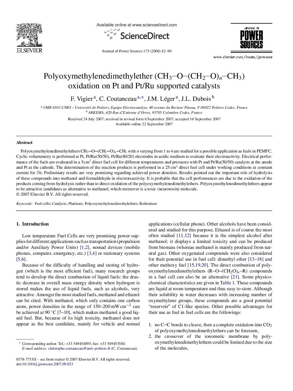 Polyoxymethylenedimethylether (CH3O(CH2O)nCH3) oxidation on Pt and Pt/Ru supported catalysts