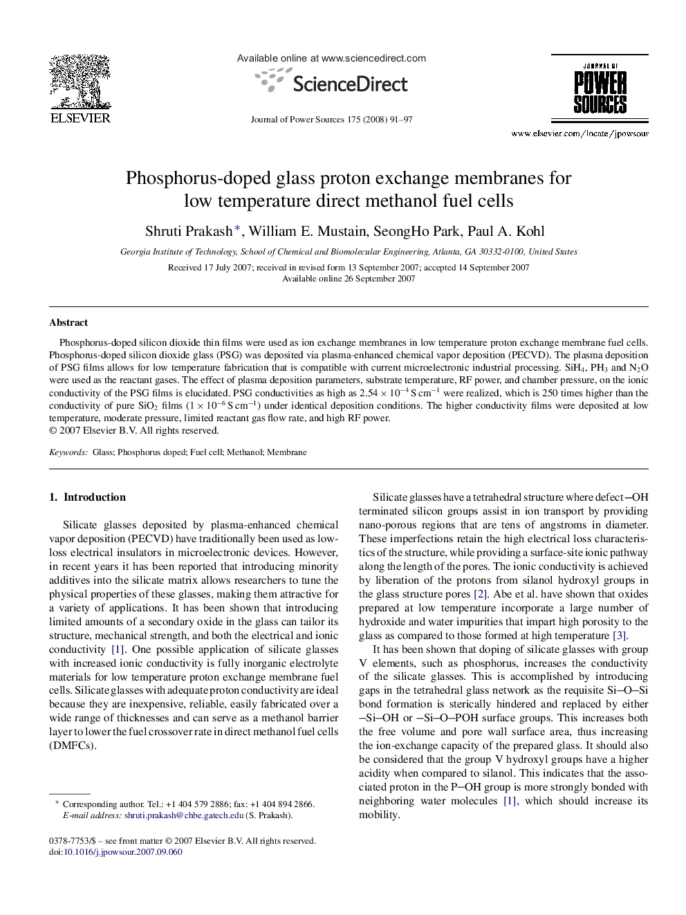 Phosphorus-doped glass proton exchange membranes for low temperature direct methanol fuel cells