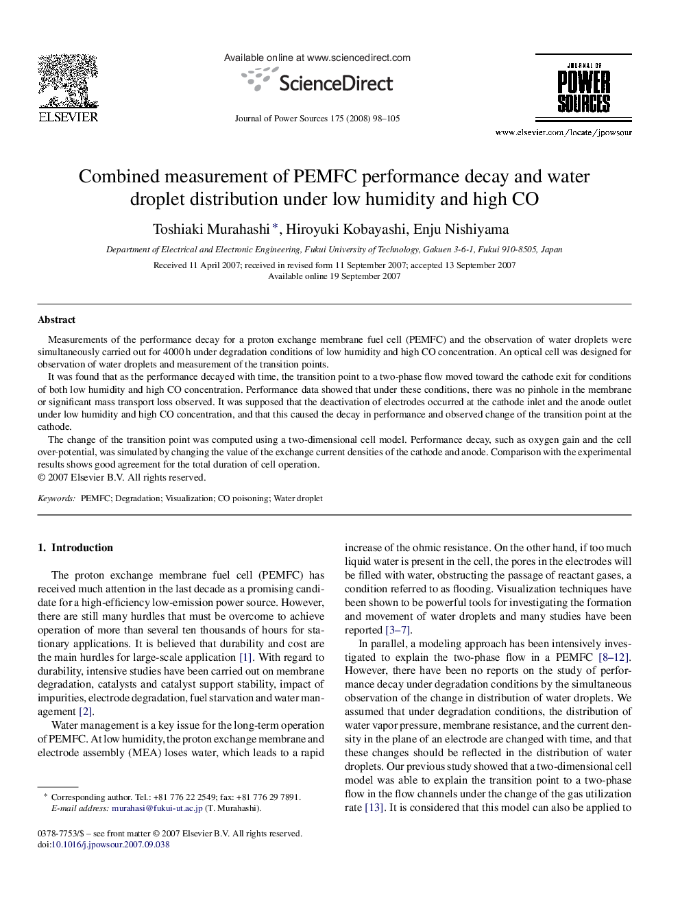 Combined measurement of PEMFC performance decay and water droplet distribution under low humidity and high CO