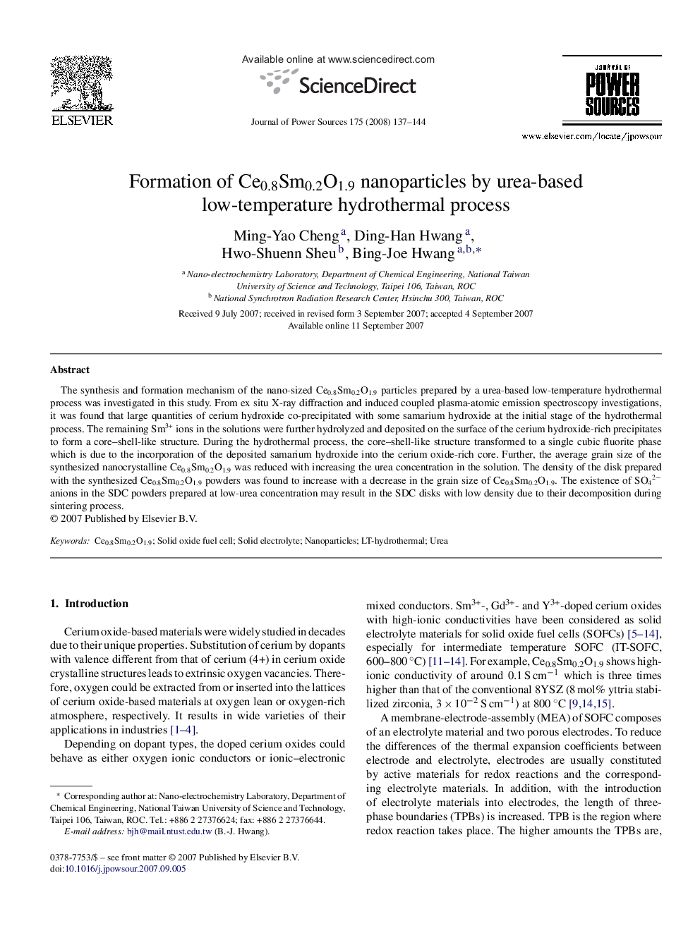 Formation of Ce0.8Sm0.2O1.9 nanoparticles by urea-based low-temperature hydrothermal process