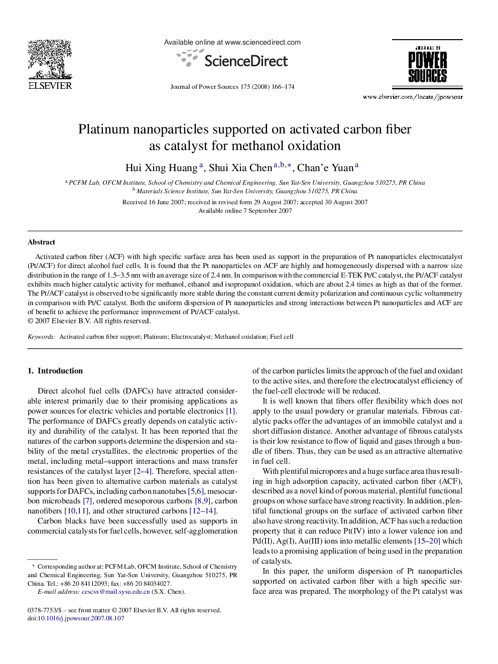 Platinum nanoparticles supported on activated carbon fiber as catalyst for methanol oxidation