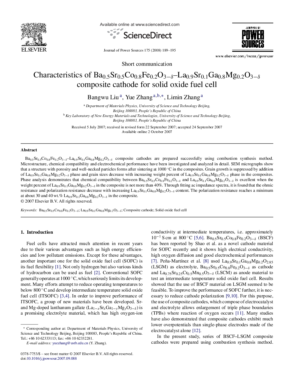 Characteristics of Ba0.5Sr0.5Co0.8Fe0.2O3−δ–La0.9Sr0.1Ga0.8Mg0.2O3−δ composite cathode for solid oxide fuel cell