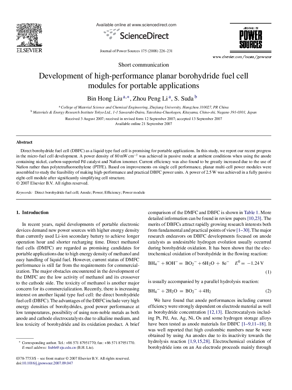 Development of high-performance planar borohydride fuel cell modules for portable applications