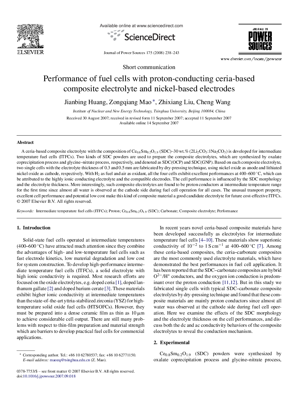 Performance of fuel cells with proton-conducting ceria-based composite electrolyte and nickel-based electrodes