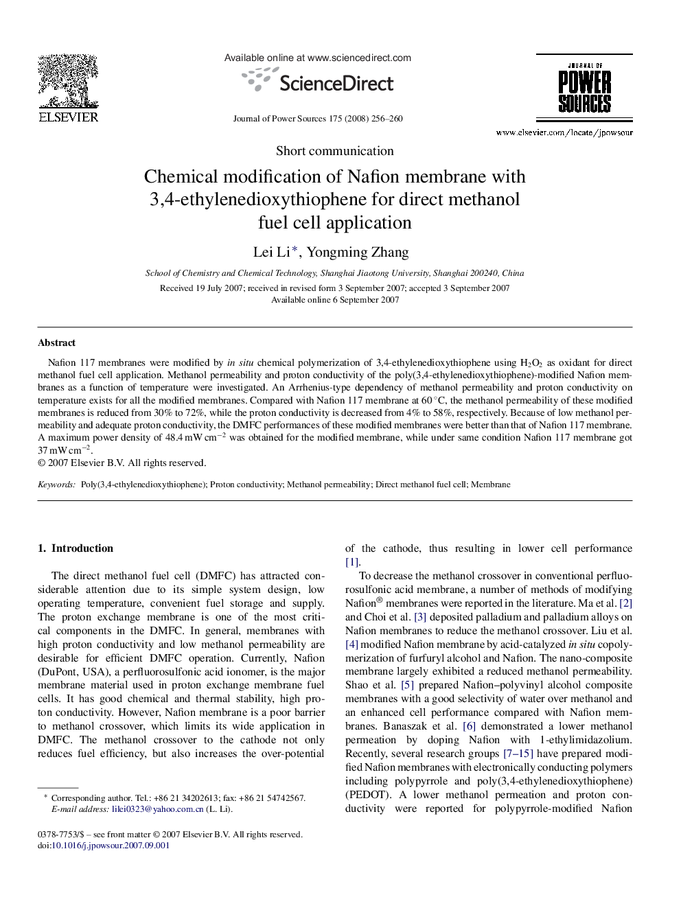 Chemical modification of Nafion membrane with 3,4-ethylenedioxythiophene for direct methanol fuel cell application