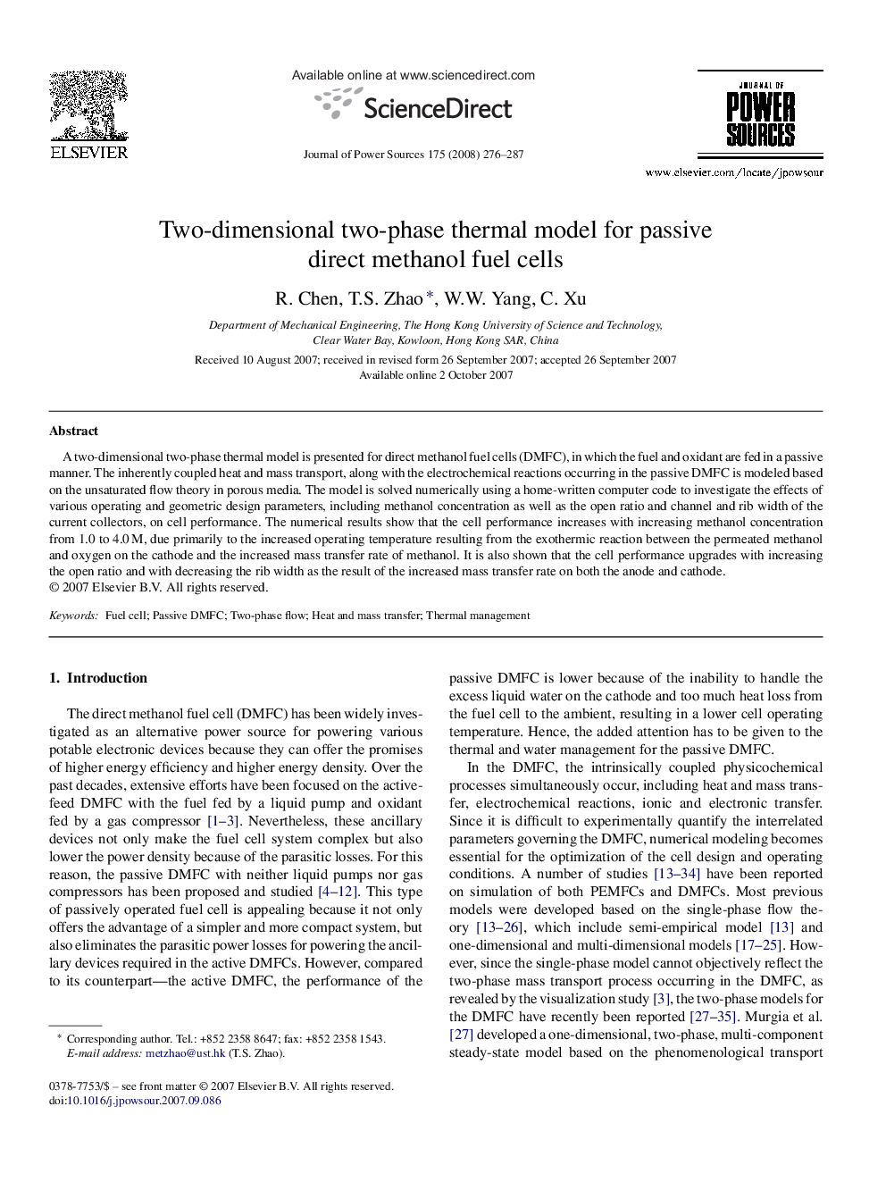 Two-dimensional two-phase thermal model for passive direct methanol fuel cells