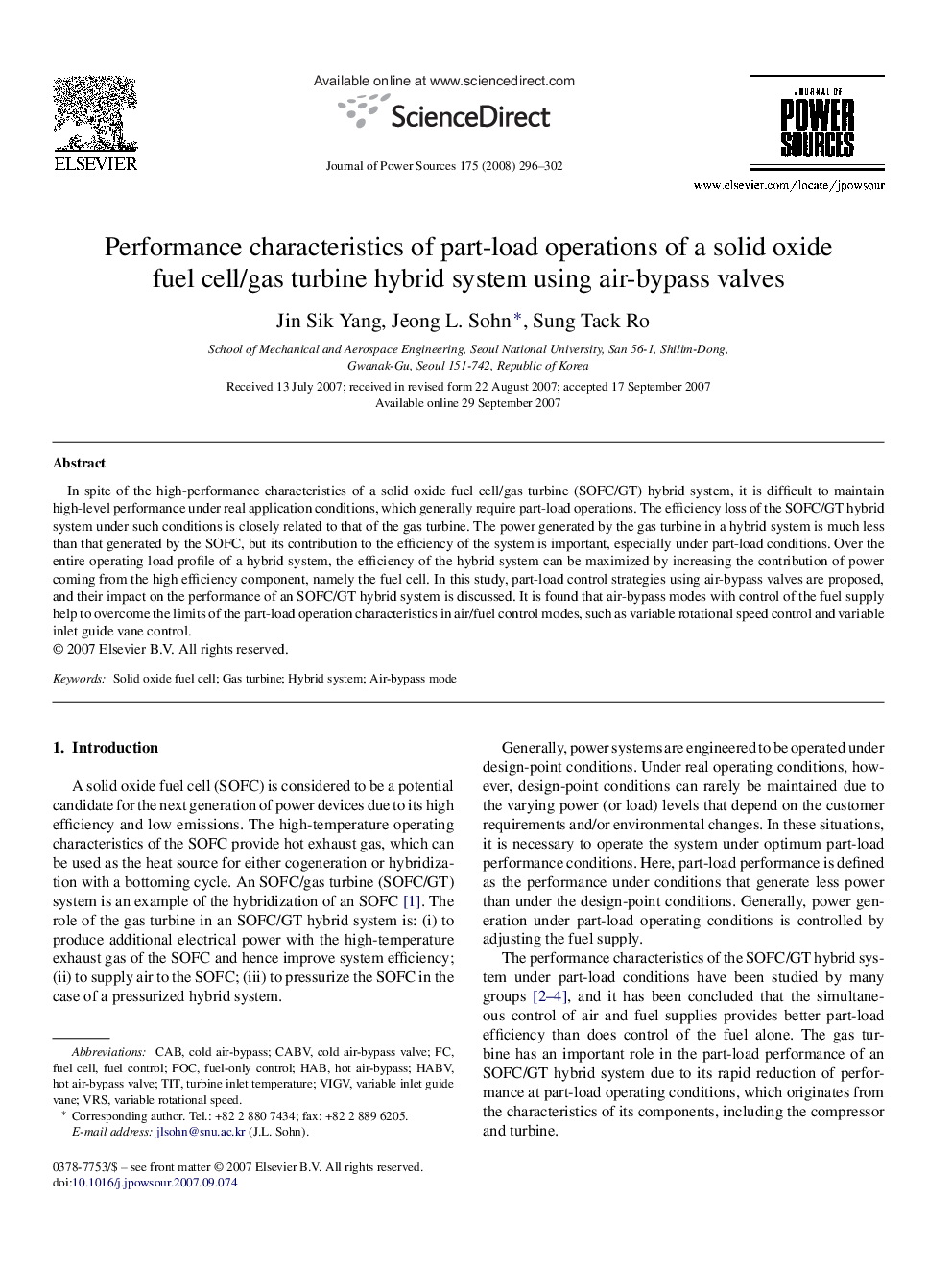 Performance characteristics of part-load operations of a solid oxide fuel cell/gas turbine hybrid system using air-bypass valves