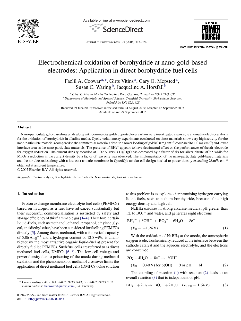 Electrochemical oxidation of borohydride at nano-gold-based electrodes: Application in direct borohydride fuel cells