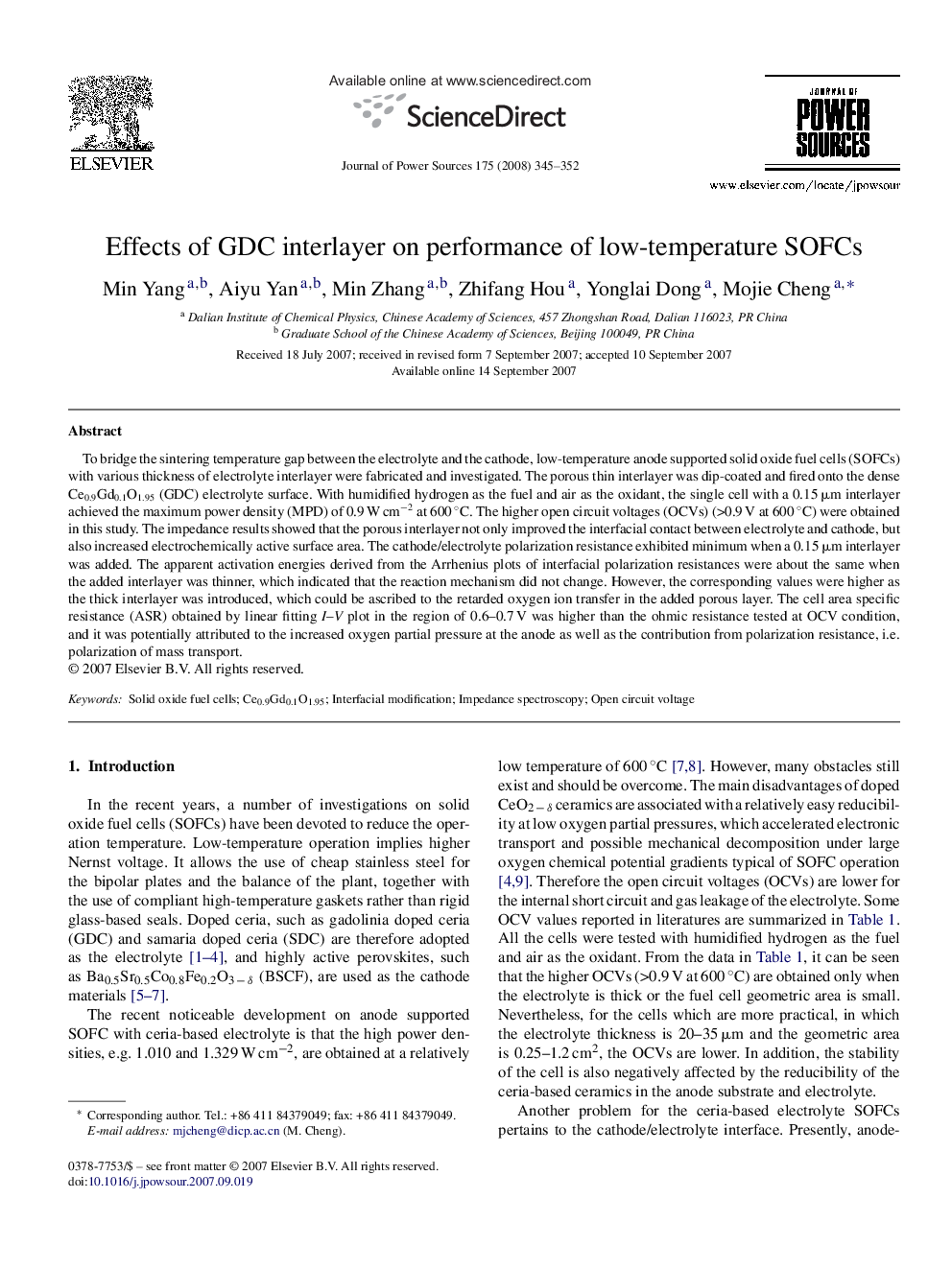 Effects of GDC interlayer on performance of low-temperature SOFCs