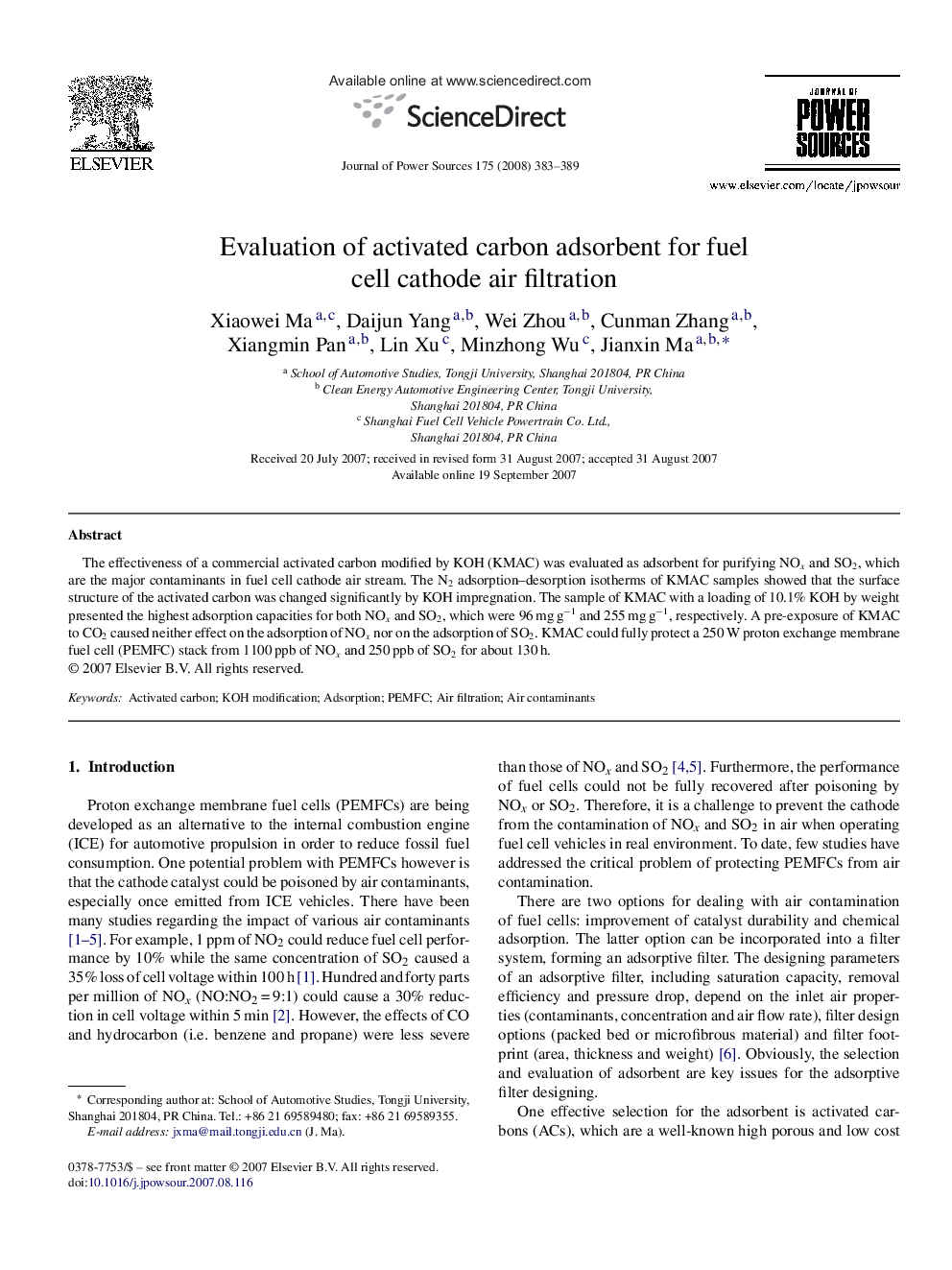 Evaluation of activated carbon adsorbent for fuel cell cathode air filtration