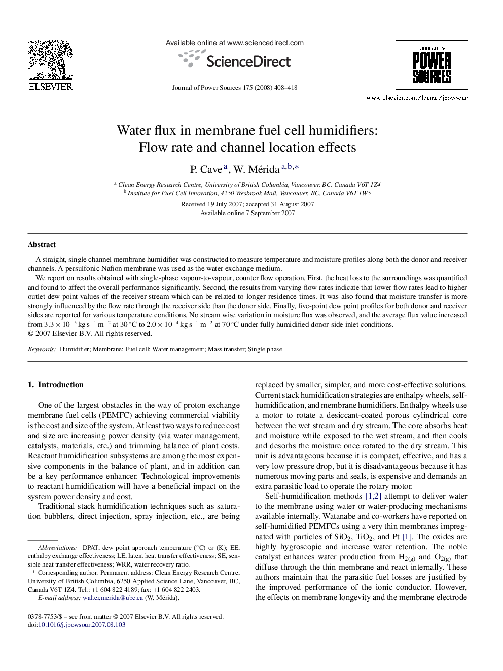 Water flux in membrane fuel cell humidifiers: Flow rate and channel location effects