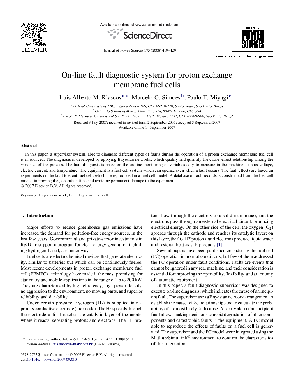 On-line fault diagnostic system for proton exchange membrane fuel cells