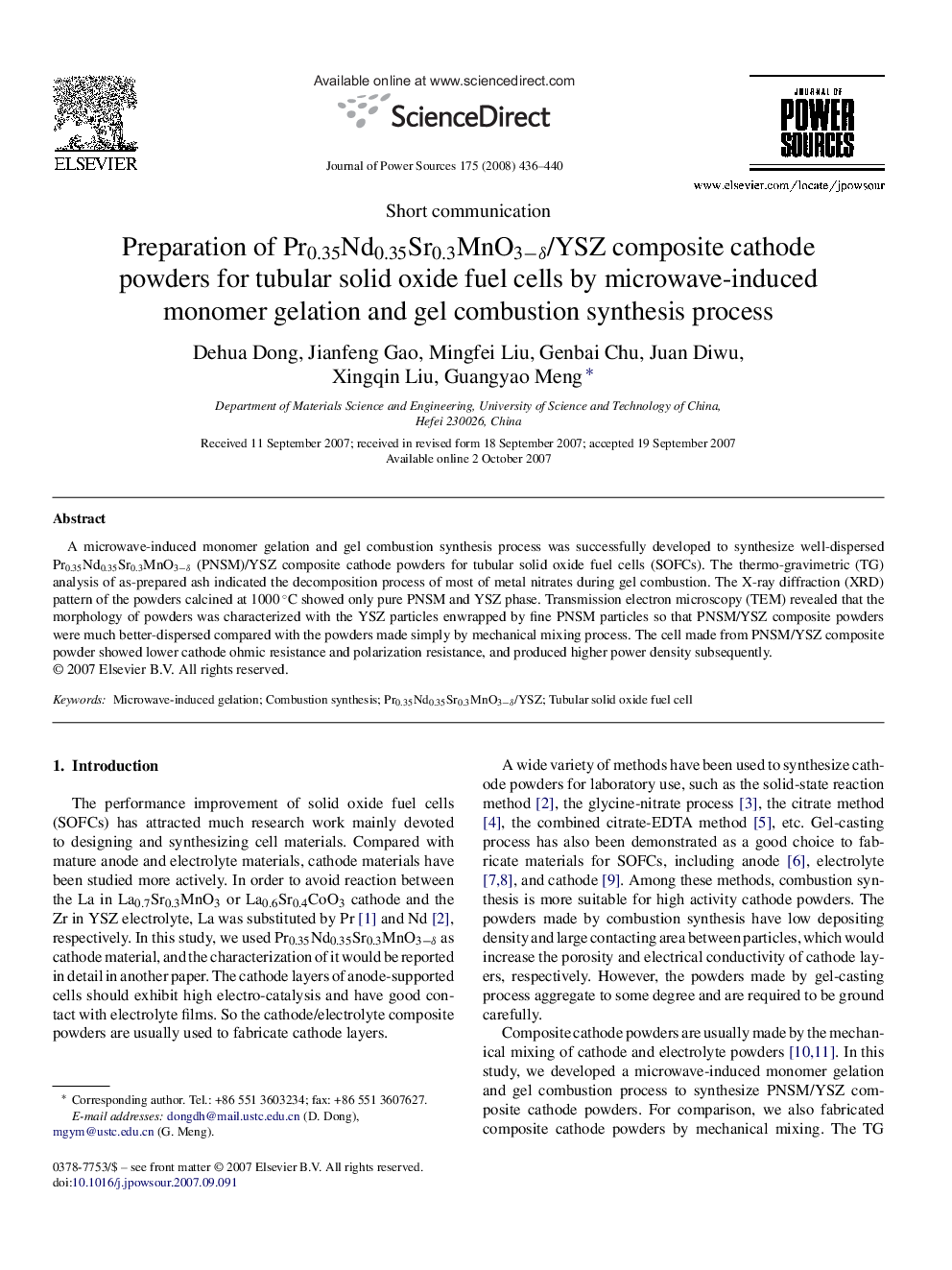 Preparation of Pr0.35Nd0.35Sr0.3MnO3âÎ´/YSZ composite cathode powders for tubular solid oxide fuel cells by microwave-induced monomer gelation and gel combustion synthesis process