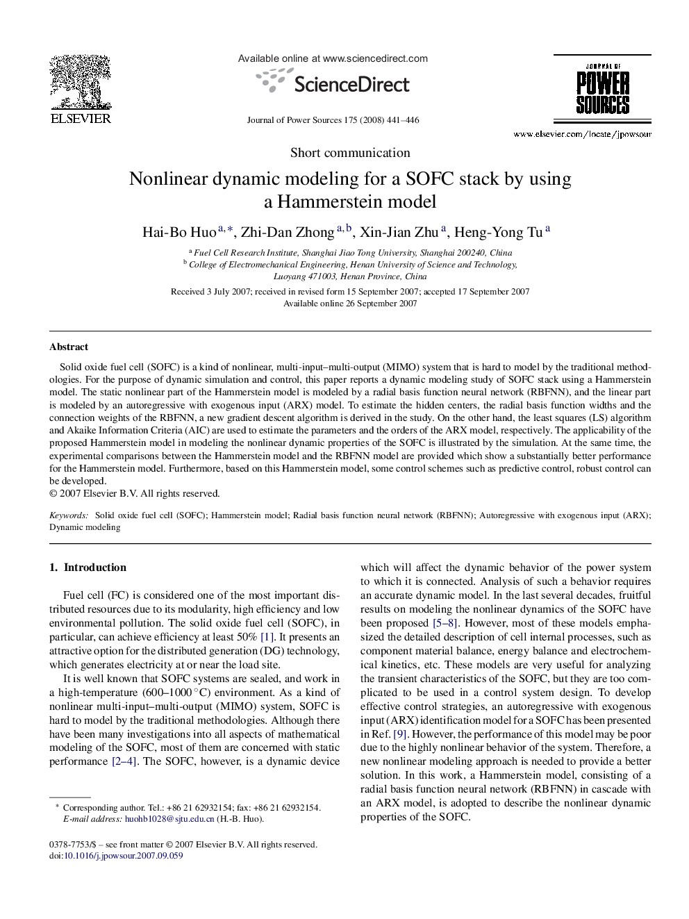 Nonlinear dynamic modeling for a SOFC stack by using a Hammerstein model