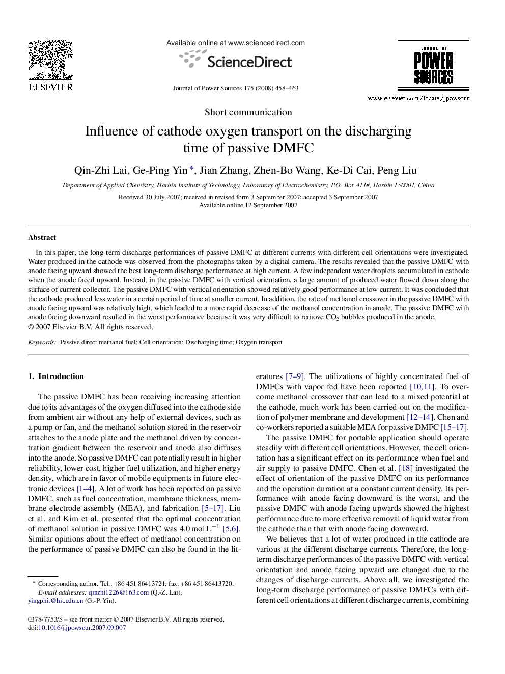 Influence of cathode oxygen transport on the discharging time of passive DMFC