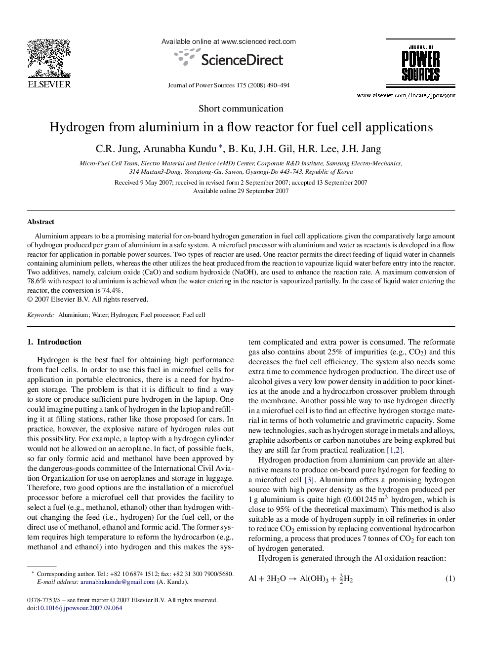 Hydrogen from aluminium in a flow reactor for fuel cell applications