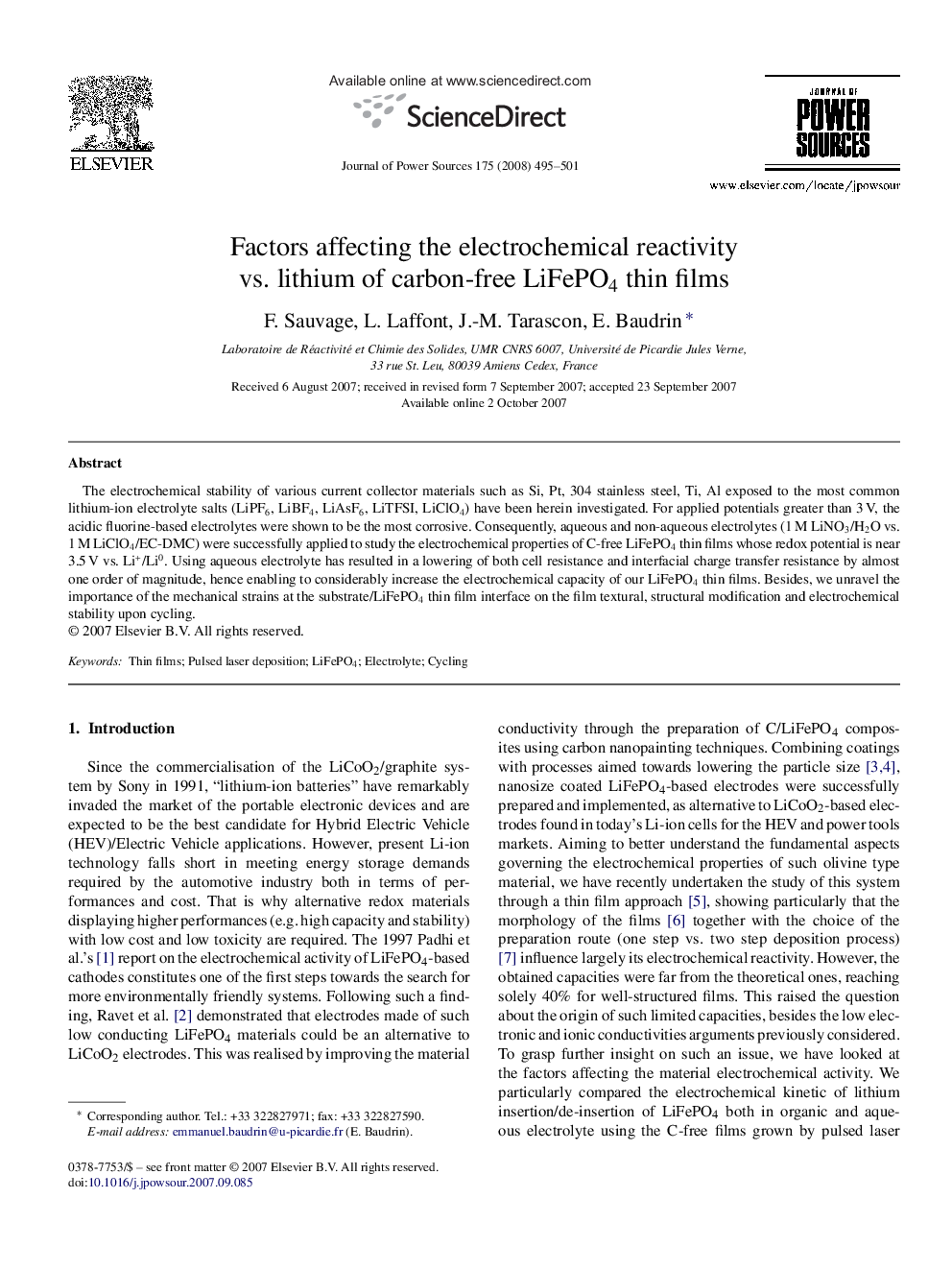 Factors affecting the electrochemical reactivity vs. lithium of carbon-free LiFePO4 thin films