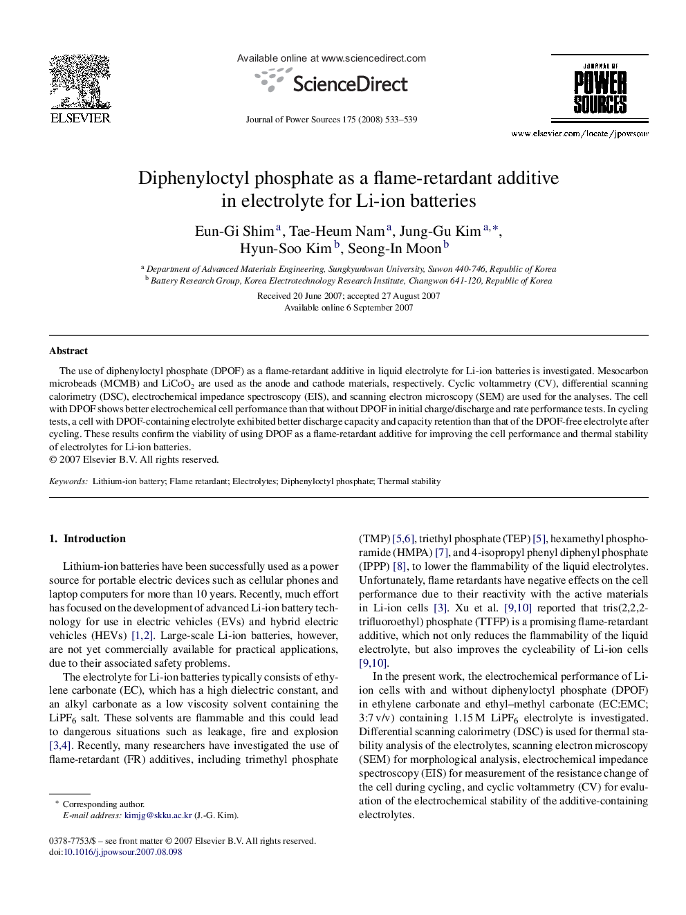 Diphenyloctyl phosphate as a flame-retardant additive in electrolyte for Li-ion batteries