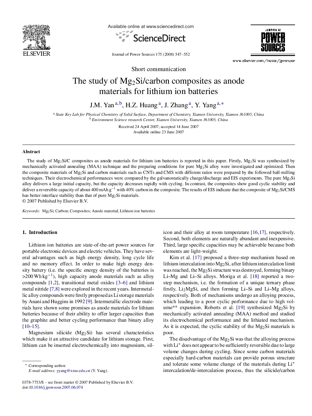 The study of Mg2Si/carbon composites as anode materials for lithium ion batteries