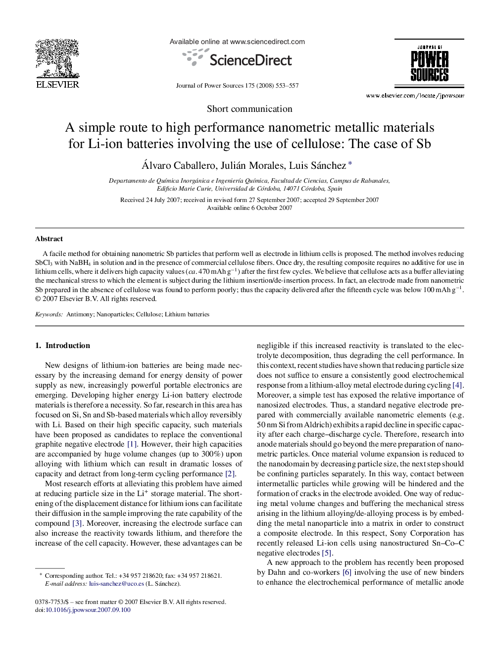 A simple route to high performance nanometric metallic materials for Li-ion batteries involving the use of cellulose: The case of Sb