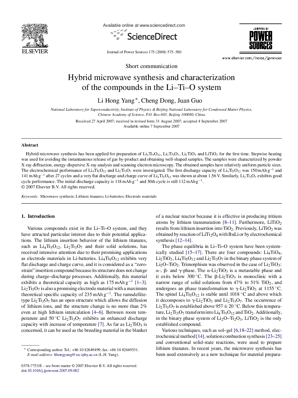 Hybrid microwave synthesis and characterization of the compounds in the Li–Ti–O system