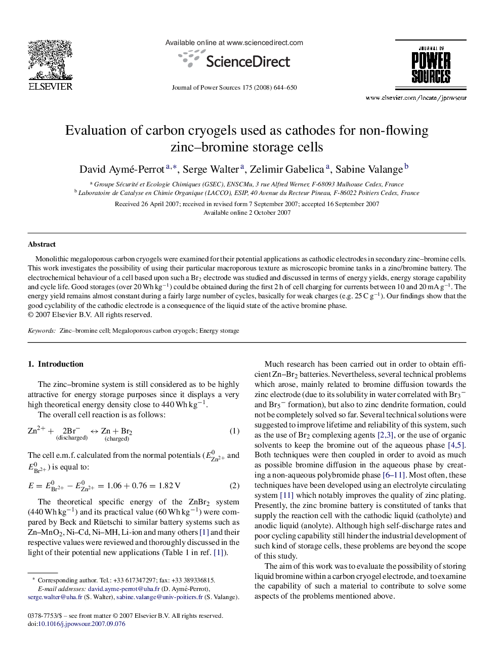 Evaluation of carbon cryogels used as cathodes for non-flowing zinc–bromine storage cells