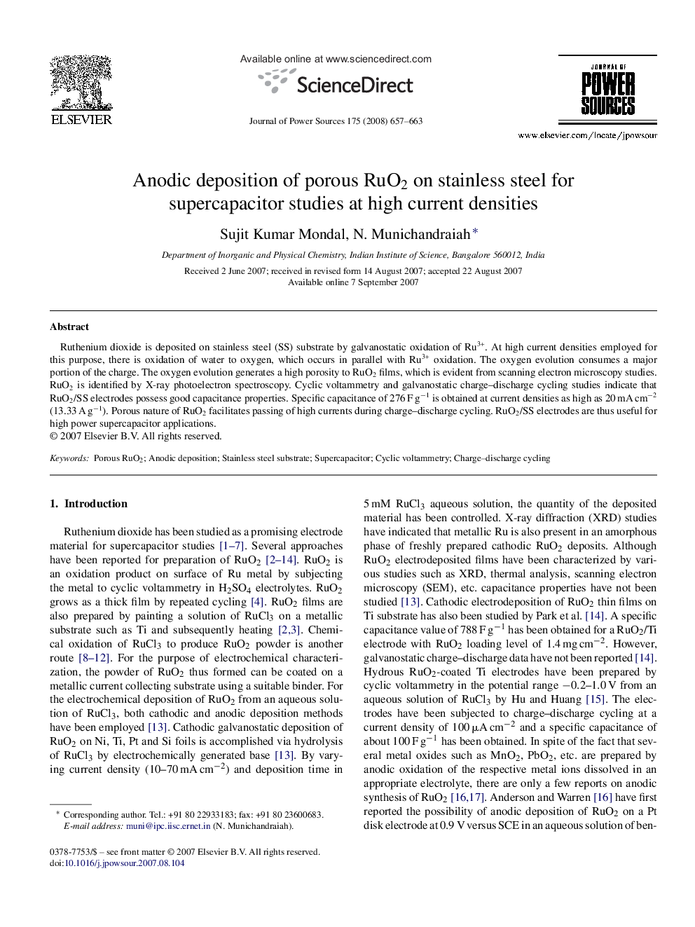 Anodic deposition of porous RuO2 on stainless steel for supercapacitor studies at high current densities