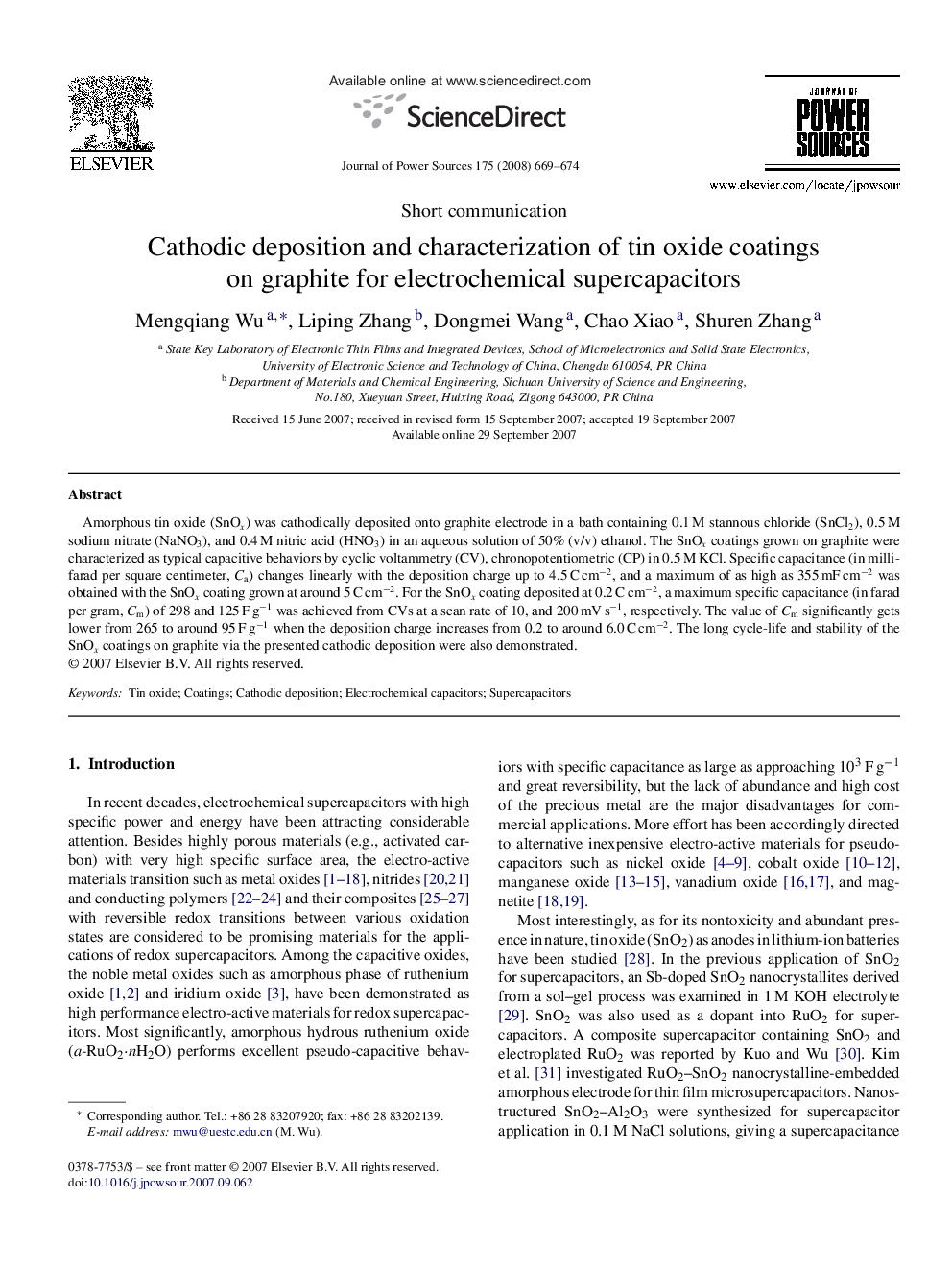 Cathodic deposition and characterization of tin oxide coatings on graphite for electrochemical supercapacitors