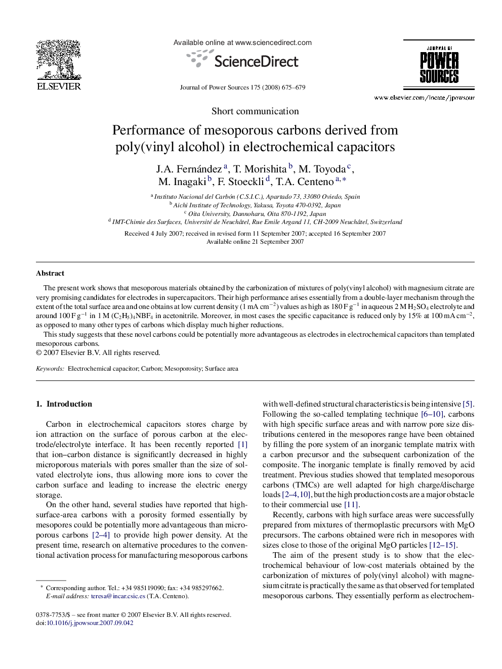 Performance of mesoporous carbons derived from poly(vinyl alcohol) in electrochemical capacitors