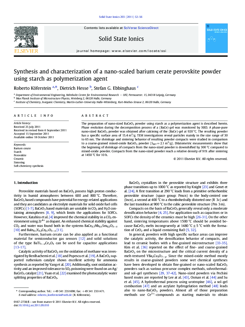 Synthesis and characterization of a nano-scaled barium cerate perovskite powder using starch as polymerization agent