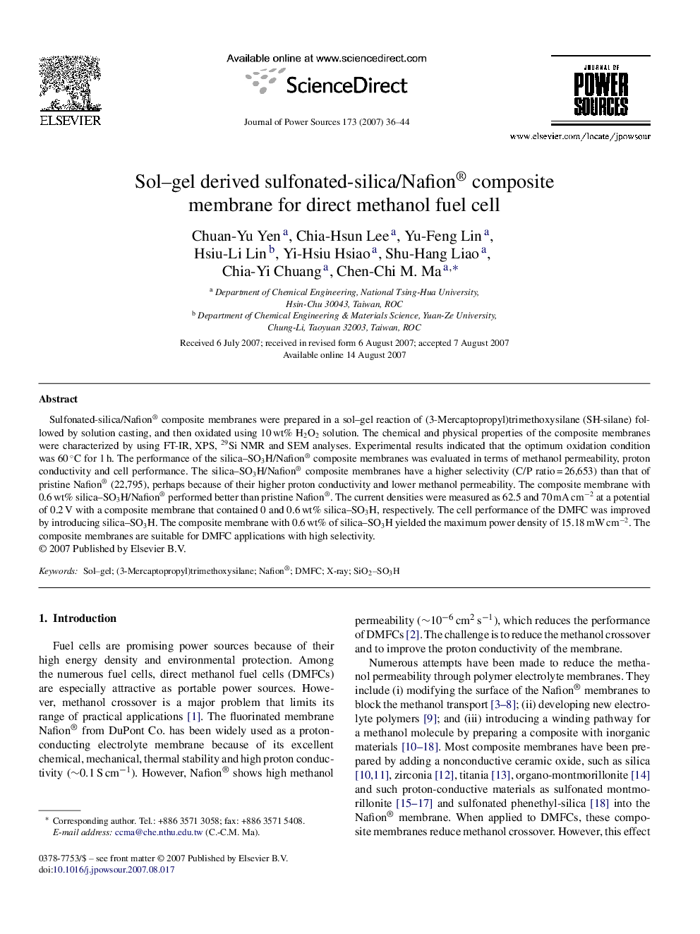 Sol–gel derived sulfonated-silica/Nafion® composite membrane for direct methanol fuel cell