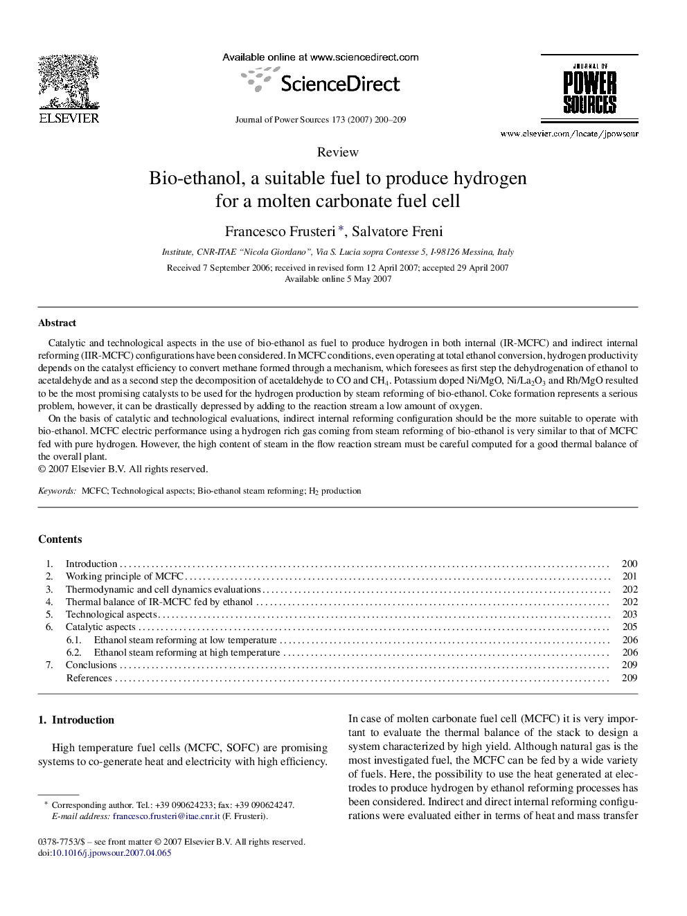 Bio-ethanol, a suitable fuel to produce hydrogen for a molten carbonate fuel cell