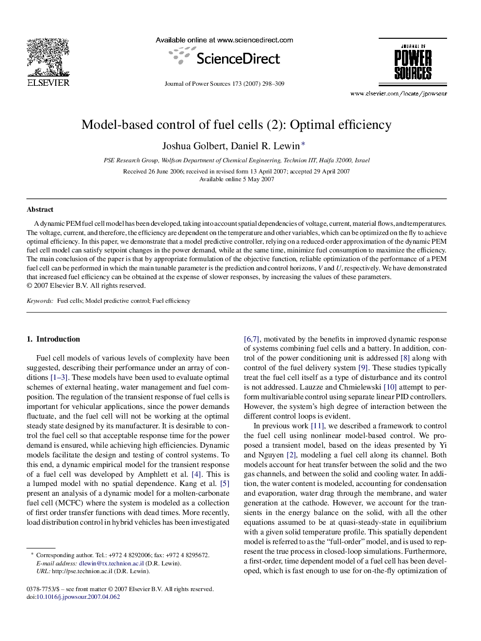 Model-based control of fuel cells (2): Optimal efficiency