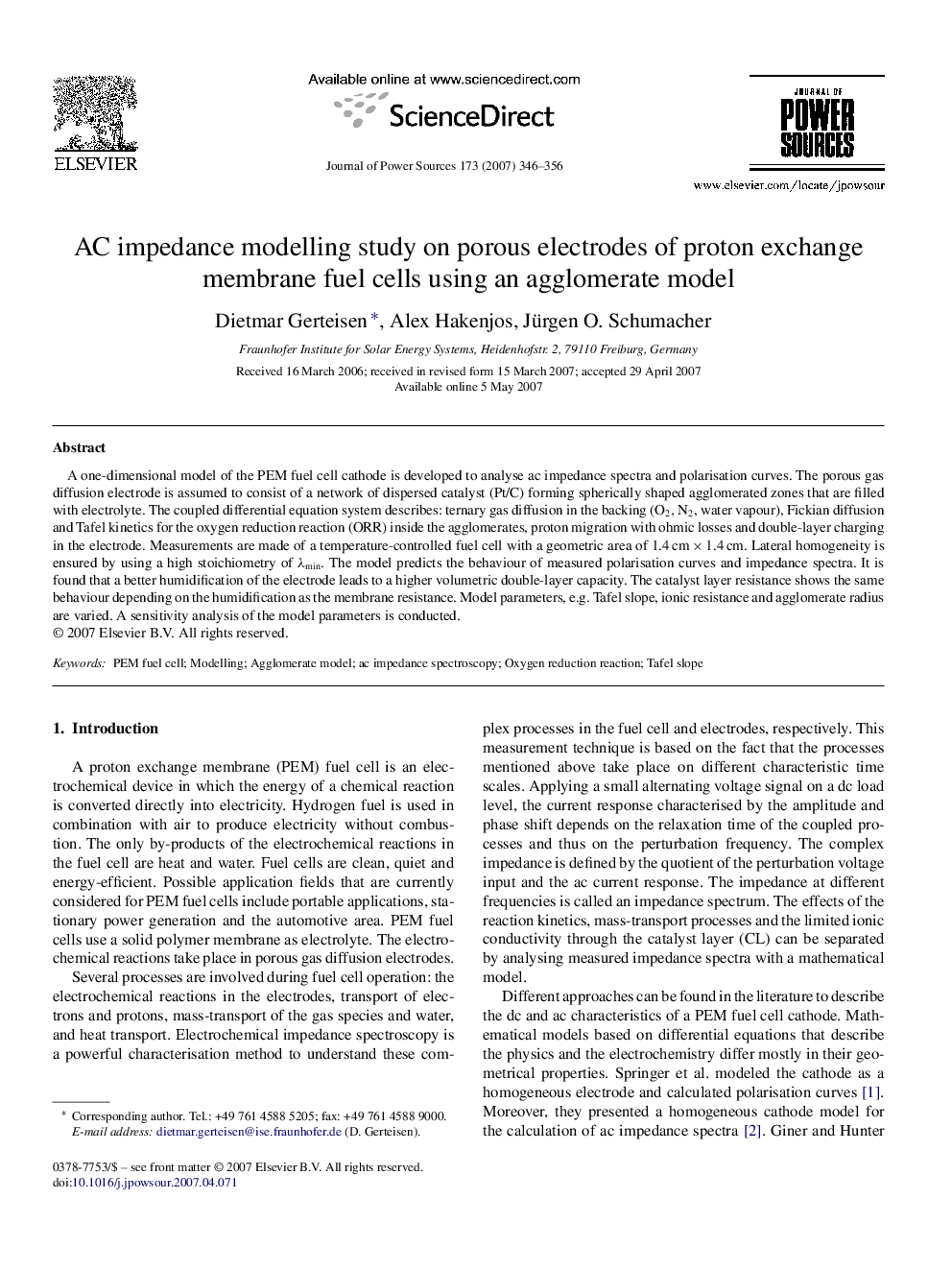 AC impedance modelling study on porous electrodes of proton exchange membrane fuel cells using an agglomerate model