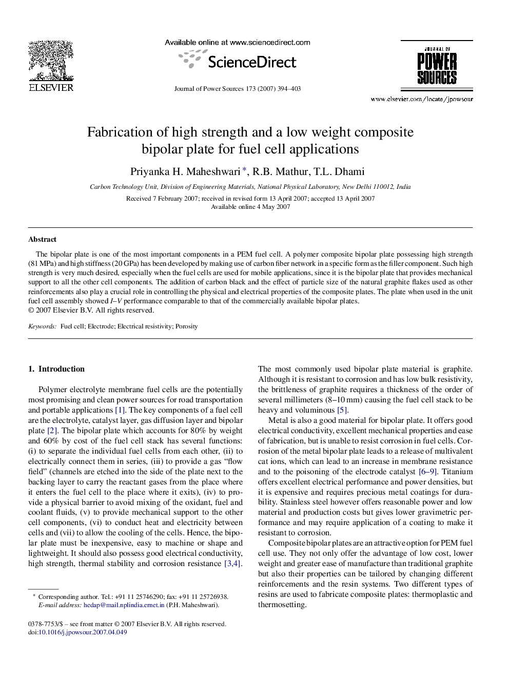 Fabrication of high strength and a low weight composite bipolar plate for fuel cell applications