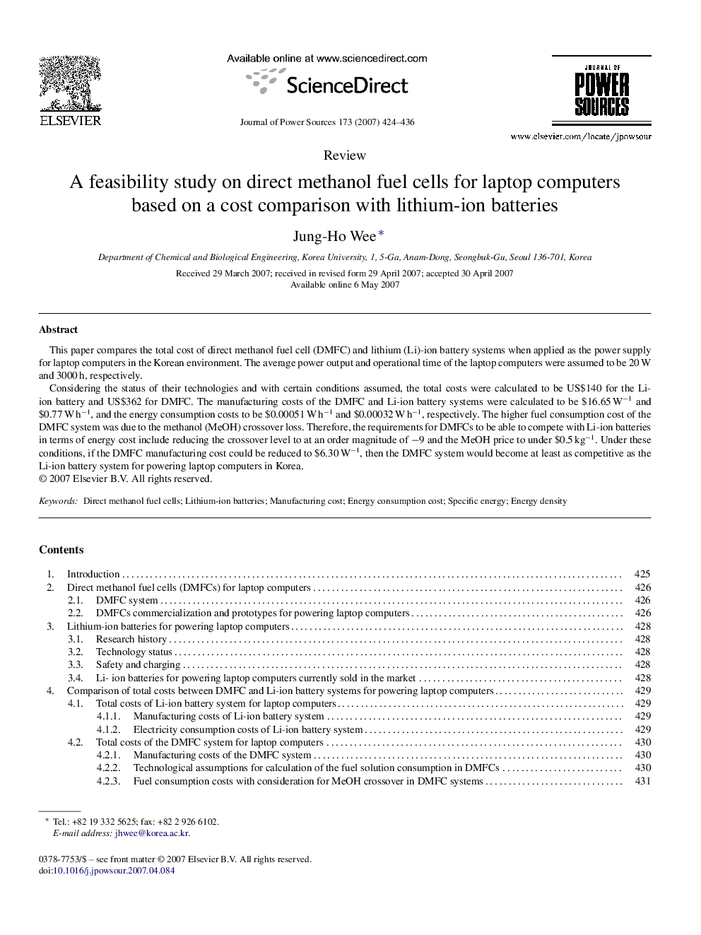 عکس صفحه اول مقاله: A feasibility study on direct methanol fuel cells for laptop computers based on a cost comparison with lithium-ion batteries A feasibility study on direct methanol fuel cells for laptop computers based on a cost comparison with lithium-ion batteries