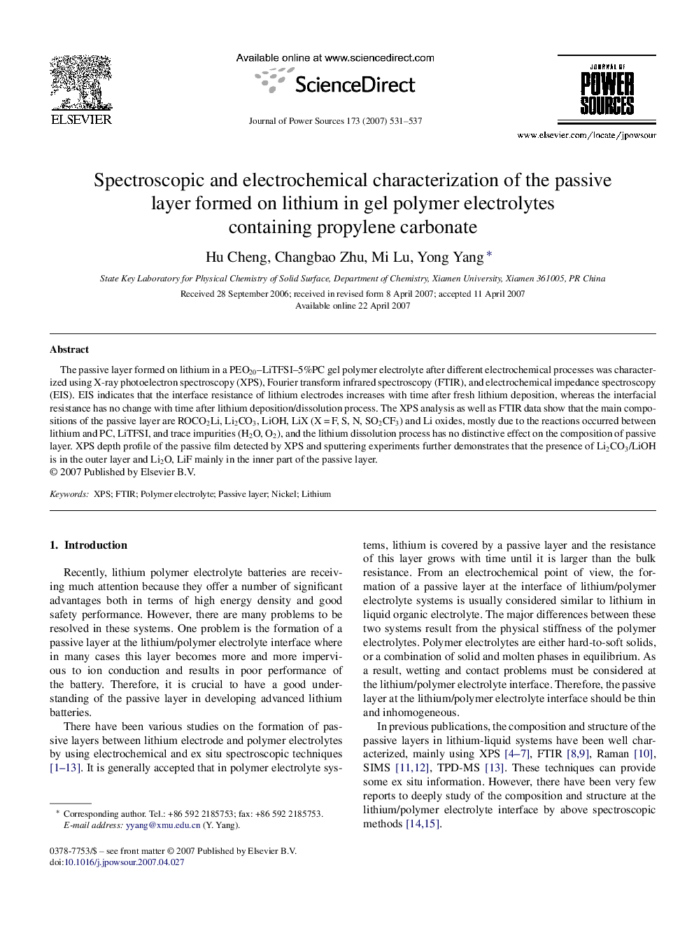 Spectroscopic and electrochemical characterization of the passive layer formed on lithium in gel polymer electrolytes containing propylene carbonate