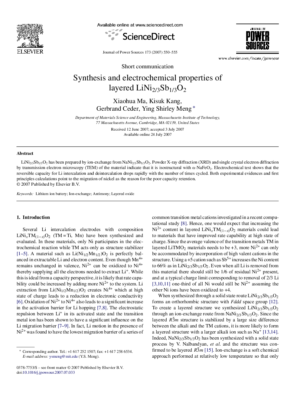 Synthesis and electrochemical properties of layered LiNi2/3Sb1/3O2