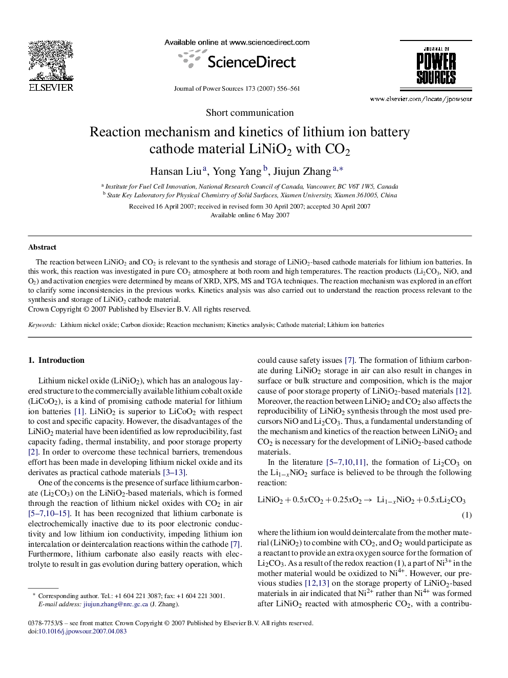 Reaction mechanism and kinetics of lithium ion battery cathode material LiNiO2 with CO2