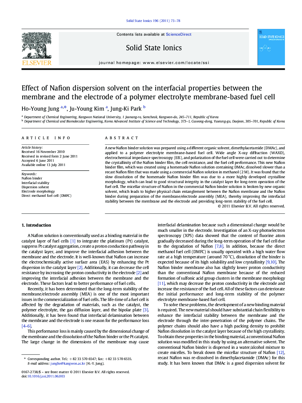 Effect of Nafion dispersion solvent on the interfacial properties between the membrane and the electrode of a polymer electrolyte membrane-based fuel cell